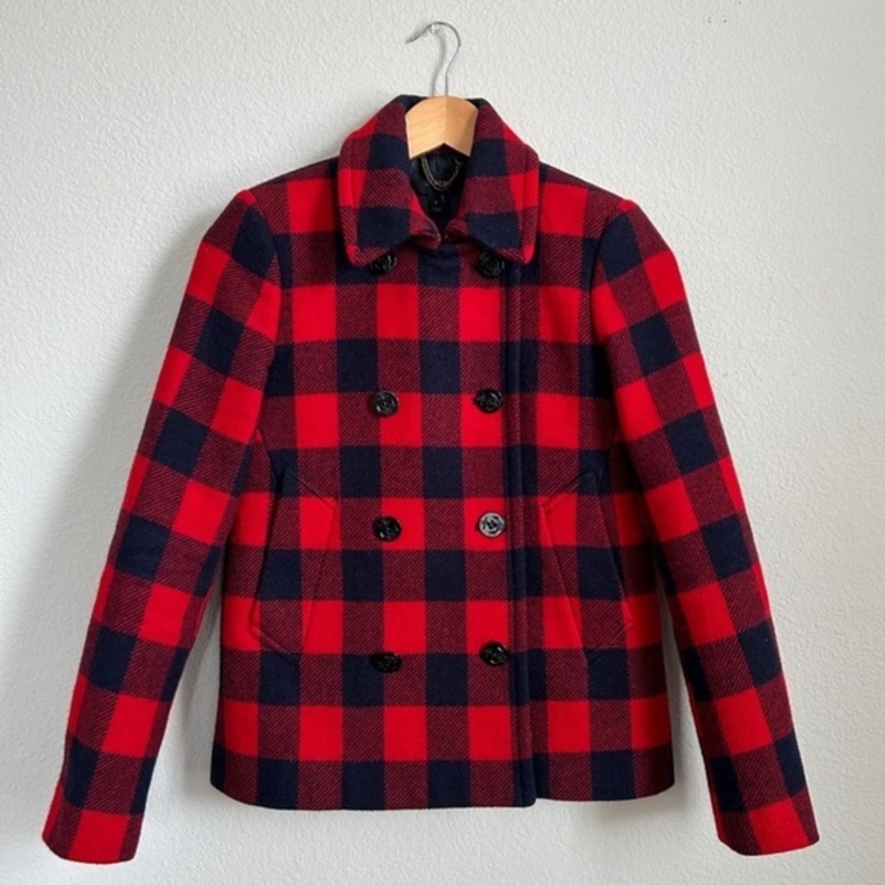 J. CREW // Buffalo Plaid Red & Navy Wool Pea Coat, size 0, EUC
